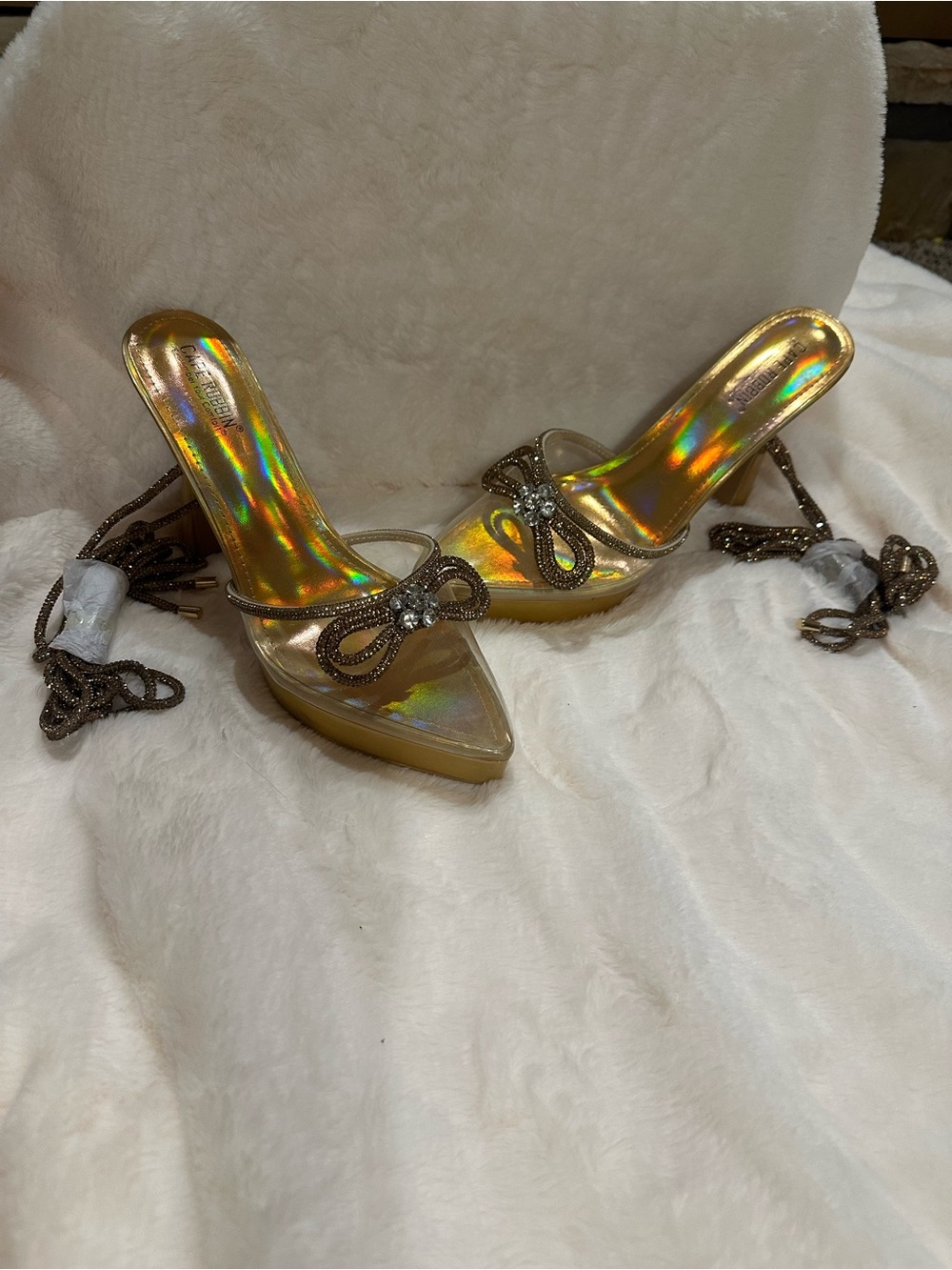 Iridescent Gold Bow-Embellished Women’s Slide Heels